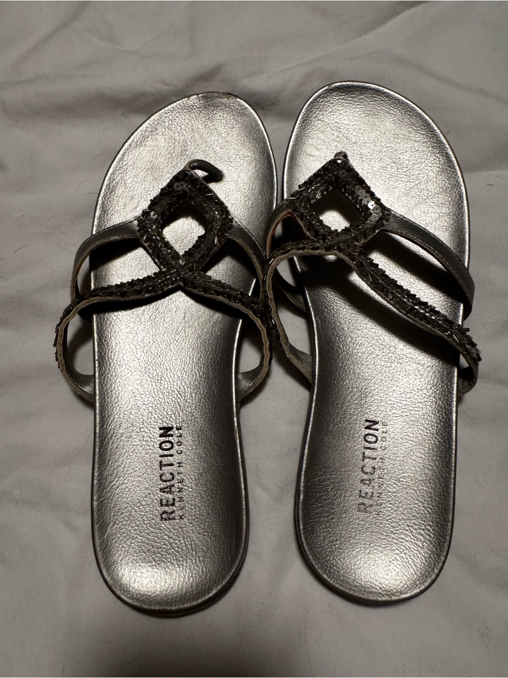 Kenneth Cole Reaction Silver Metallic Beaded Slide Sandals - Women